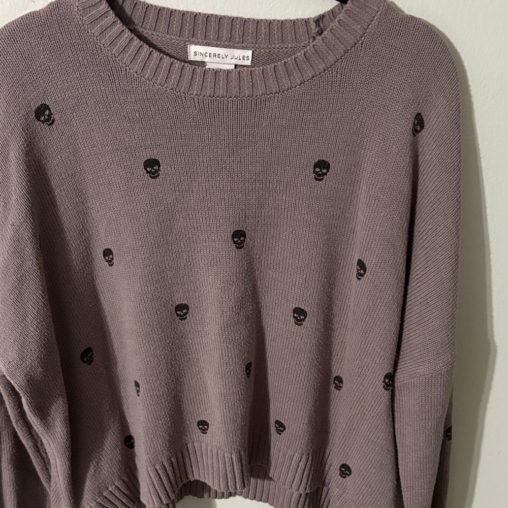Sincerely Jules Lavender Sweater with Black Skull Accents